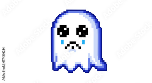 Sad pixel art ghost with big eyes crying tears isolated on white background