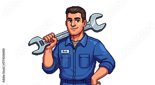 Friendly Mechanic Character Holding a Large Wrench in a Cartoon Style Illustration Isolated on White Background