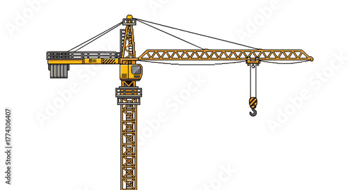Heavy yellow construction tower crane isolated on white background lifting concept