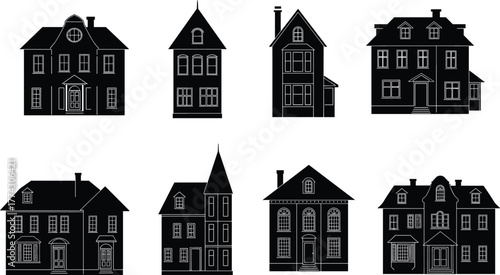 House icons, residential silhouette set, black outline homes, dormer symbol, porch branding, chimney concept, gable badge, architectural variety