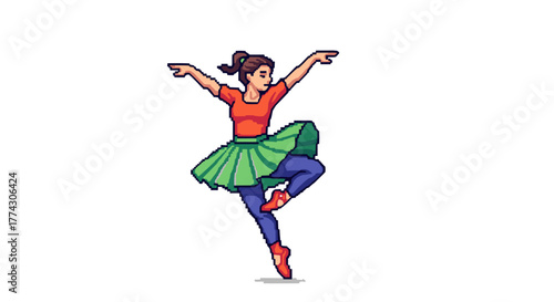 Pixel art illustration of a young woman ballerina performing a graceful dance move isolated on a white background
