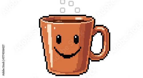 Cute pixel art coffee mug with a happy face steaming isolated on white background