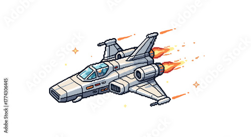 Retro pixel art retro spaceship flying fast with glowing effects isolated on white background