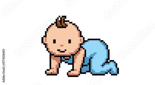 Adorable pixel art baby crawling happily isolated on white background for childhood themes