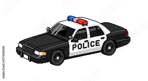 Pixel Art Police Car With Flashing Lights Isolated on White Background