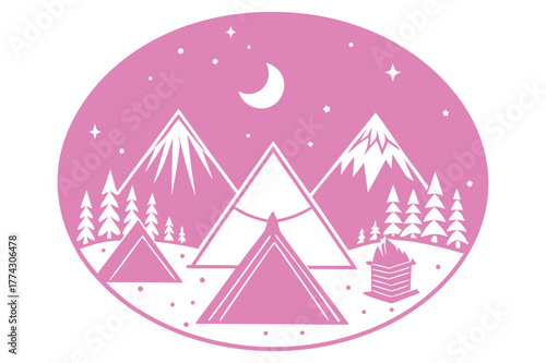 Minimalist of a mountain campsite with two tents under a starry night sky