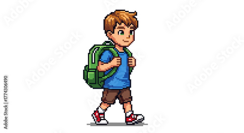 Happy Cartoon Boy Wearing Backpack Walking Isolated on White Background for School Adventures