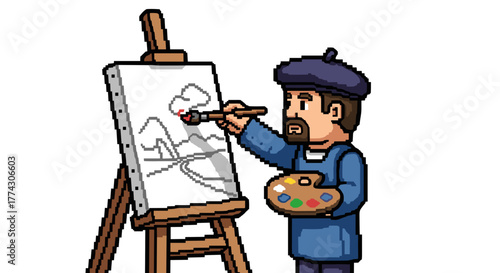 Artist painting landscape on easel isolated on white background pixel art cartoon