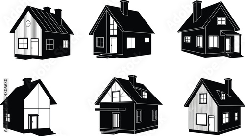 House icons, residential silhouette set, black outline homes, gable symbol, flat roof branding, entryway concept, perspective badge, design mix