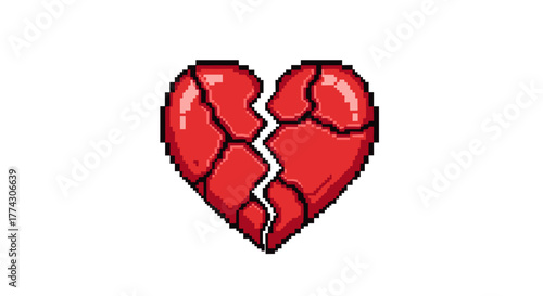 Pixel art broken heart symbol representing sadness grief and emotional pain isolated on white background