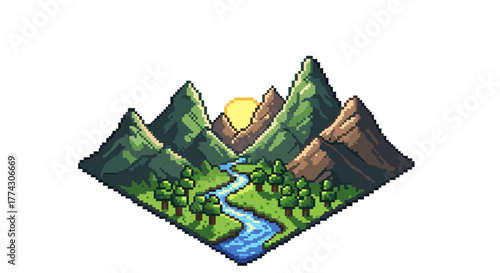 Pixel Art Landscape of Verdant Mountains and Winding River at Sunrise Cartoon Style Isolated on White Background