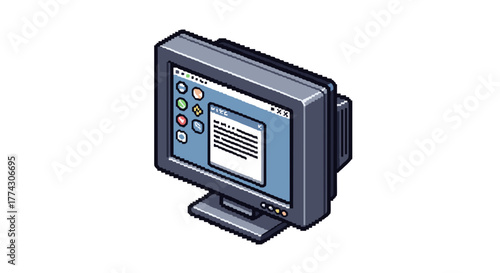 Retro Computer Monitor Displaying Text Document on White Background Isometric Vector Illustration
