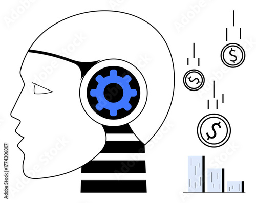 Human profile with a gear inside the head, symbolizing AI and machine learning, alongside falling coins and bar charts representing financial growth. Ideal for technology, innovation, automation