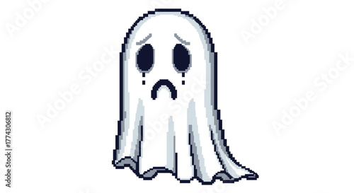 Sad Pixel Art Ghost Crying Isolated on White Background Cartoon Style Illustration
