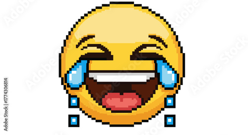 Pixelated laughing emoji with tears of joy isolated on white background expressing extreme amusement and happiness