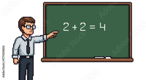 Cartoon Style Teacher Demonstrating Simple Math Equation on Green Chalkboard Isolated