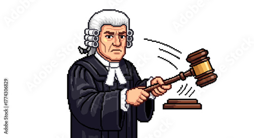 Angry Judge in Wig and Robes Hitting Gavel in Courtroom Symbolizing Justice and Law Enforcement