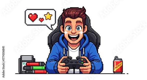 Excited Young Man Playing Video Games With Game Controller And Drinks Isolated On White Background