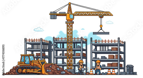 Construction Site Scene with Crane Bulldozer Workers and Building Under Development Cartoon Style