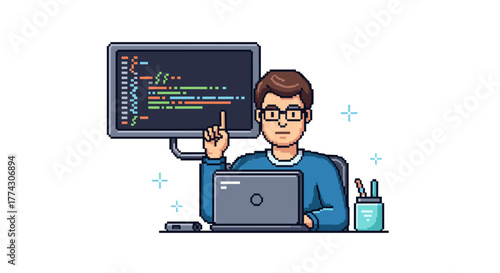 Programmer Developer Coding on Laptop Showing Idea While Working on Computer Screen Isolated on White Background