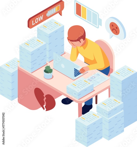 Isometric Burnout Office Worker Stressed at Desk with Low Energy