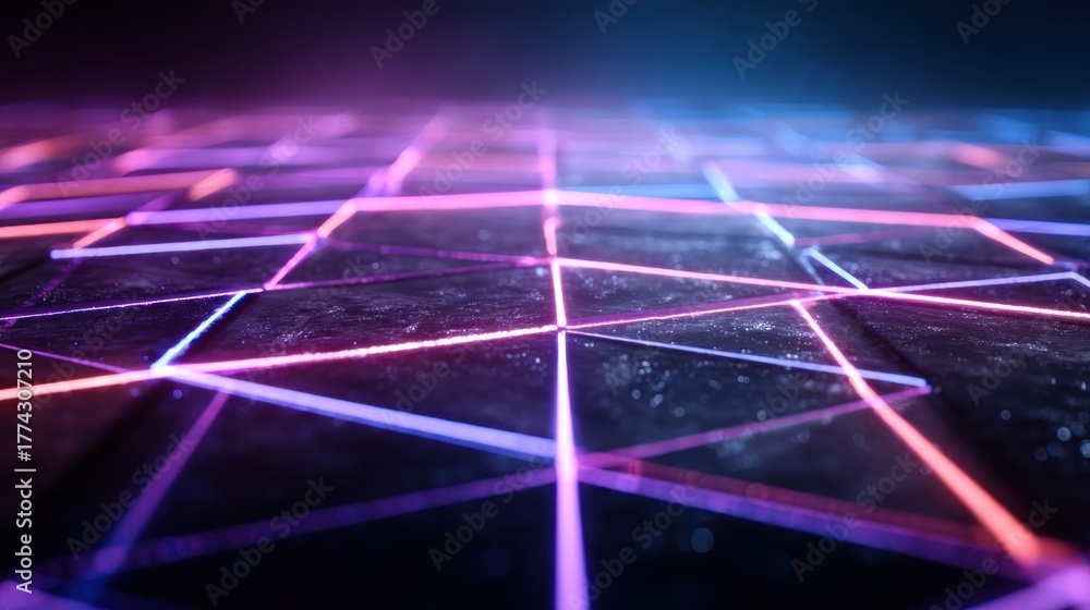Obraz premium A futuristic, neon-lit grid with geometric shapes and glowing lines, set against a dark background.
