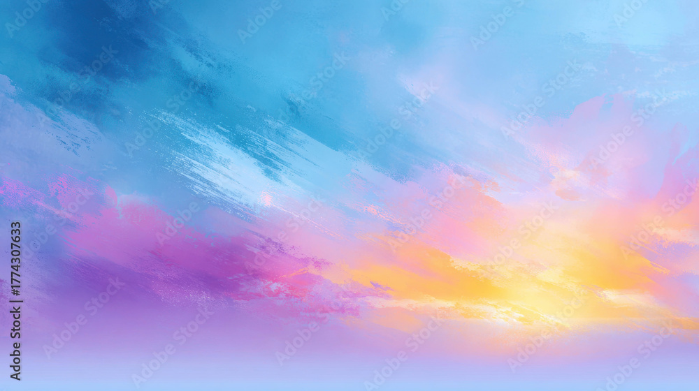 Naklejka premium Hand-painted Pastel Artwork Illustration of Dreamy Skies in Soft Blue, Pink, and Orange Hues Evoking a Serene and Tranquil Atmosphere