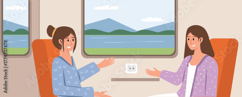 Two Women Enjoying a Conversation on a Train Journey. People talking on the train. Railway journey.