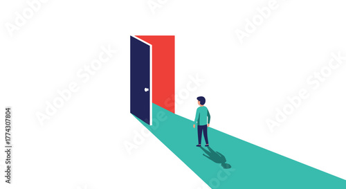 A person stands on a lit path, looking through an open door into a bright space, contemplating a new beginning or an important decision.