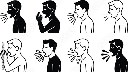 Icons of People Coughing and Sneezing with Droplets