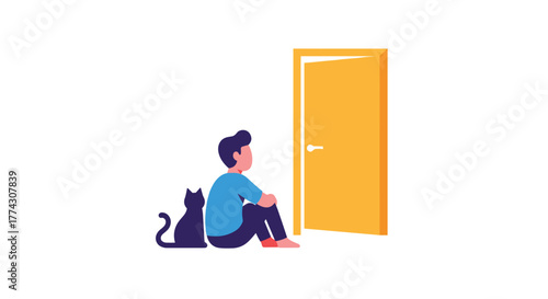 Person and cat sitting patiently in front of a slightly ajar yellow door, symbolizing anticipation, opportunity, or a new beginning.