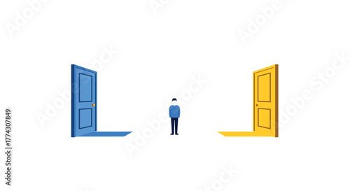 A minimalistic figure stands between two open doors, one blue and one yellow, symbolizing choice, opportunity, and different paths in life.