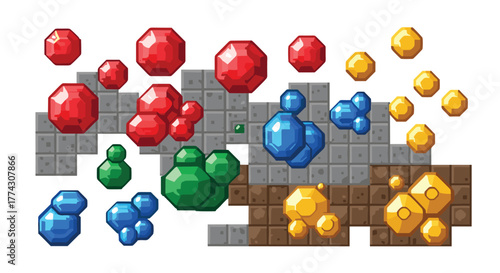 Pixel art style assortment of colorful gems and minerals on stone and dirt blocks, resembling game assets for a retro video game.