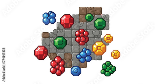 A collection of vibrant pixel art gems and earthy stone blocks, perfect for retro video game assets or fantasy game environments.