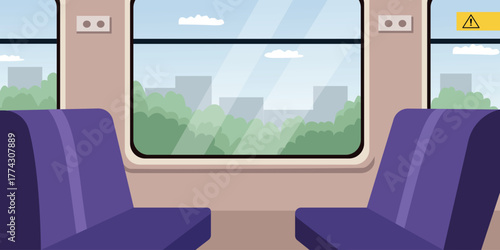 Empty Train Interior with City View. Comfortable Railway Seating. Passenger Seat Inside Train Coach. Comfortable Railway Seating.