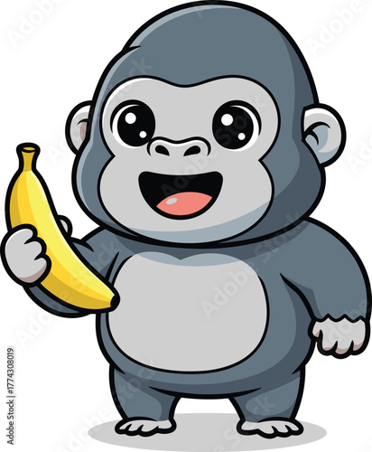 Cartoon funny baby gorilla holding banana