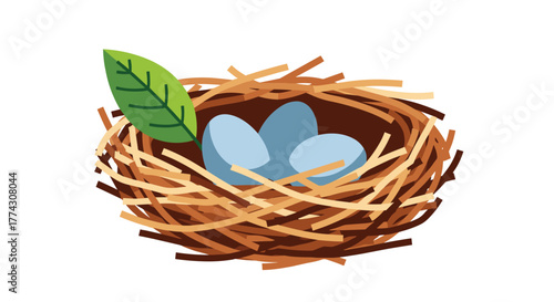 A charming illustration of a bird's nest woven from twigs, cradling three light blue eggs and adorned with a fresh green leaf.