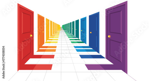 A long corridor with numerous open doors displaying a vibrant rainbow spectrum, symbolizing choices and opportunities stretching into the future.