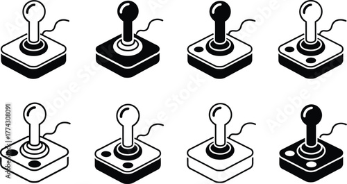 Collection of Retro Video Game Joysticks in Black and White