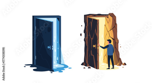 Exploring contrasting doors: a dark, watery challenge and a bright, rocky path to discovery, depicting divergent choices and opportunities.