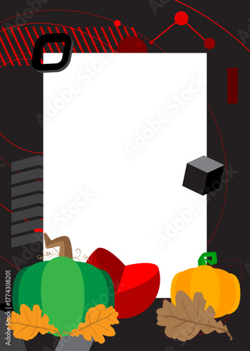 Thanksgiving Autumn leaf and Pumpkin geometrical graphic retro theme background. Minimal geometric elements. Vintage abstract shapes vector illustration.