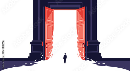 A small person stands before grand, open doors, symbolizing new opportunities and possibilities bathed in bright light.