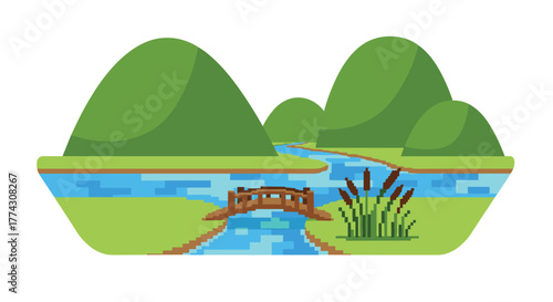 A vibrant pixel art landscape illustration depicts rolling green mountains, a winding river, a charming wooden bridge, and tall cattails in nature.
