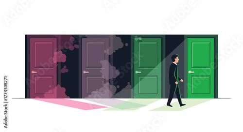 A man walks past a row of doors, some dark and some bright, symbolizing choices, opportunities, and the path forward.