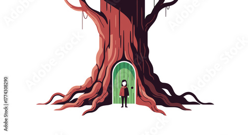 A lone figure stands before a mysterious door carved into the massive trunk of an old tree, rendered in pixel art.