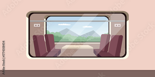 Train Window View of Mountain Landscape. Window train from outside. Public facility. Train scenery.