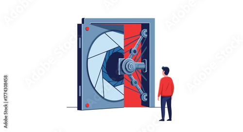 A man observes an open vault door featuring an iris mechanism and robotic lock, symbolizing data security and digital access.