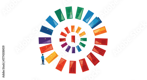 A person stands before an expansive circular arrangement of vibrant, colorful doors, symbolizing numerous choices, opportunities, and paths.