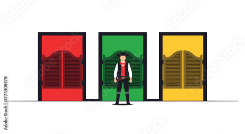 A cowboy stands at a crossroads, facing three colorful saloon doors, symbolizing choice, decision-making, and different paths.