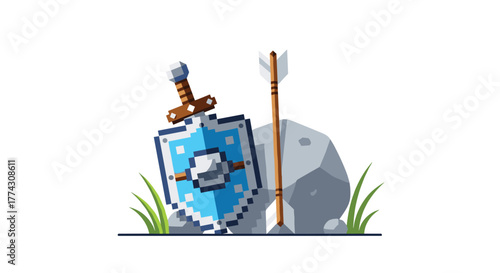 A nostalgic pixel art illustration featuring a knight's shield, a sword, and an arrow left behind next to a rock and grass on a pure white background.